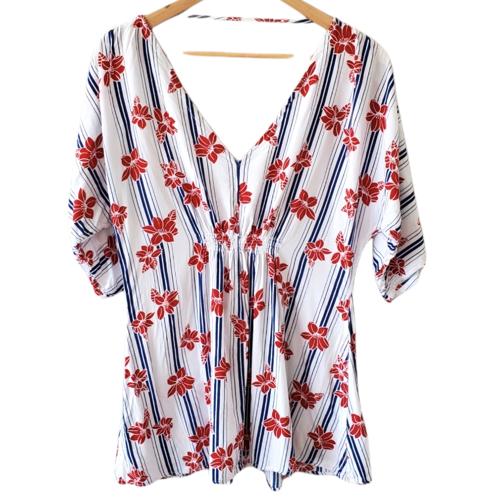 Onia Alessandra Poplin Nautical Red Flower Print Babydoll Swim Suit Cover Up S/M